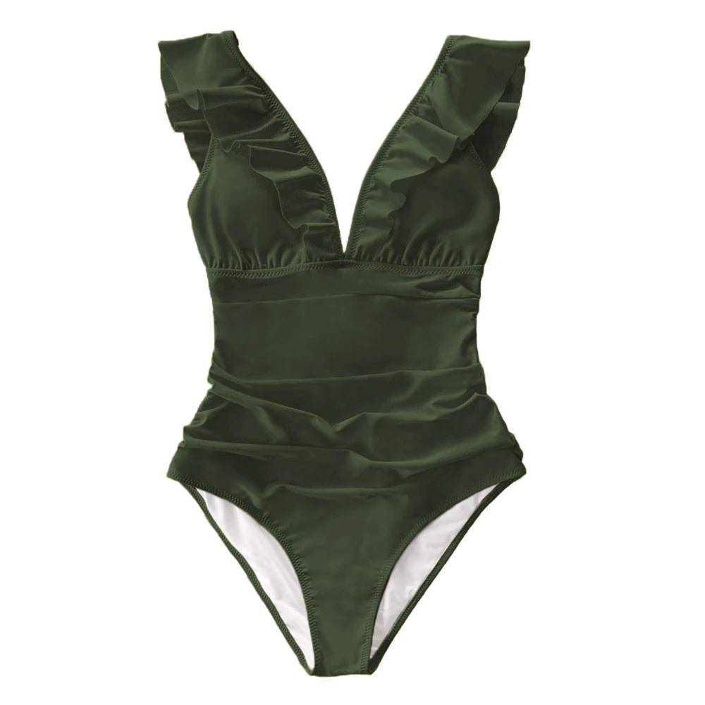 Ruffled V-neck Lace Up Monokini