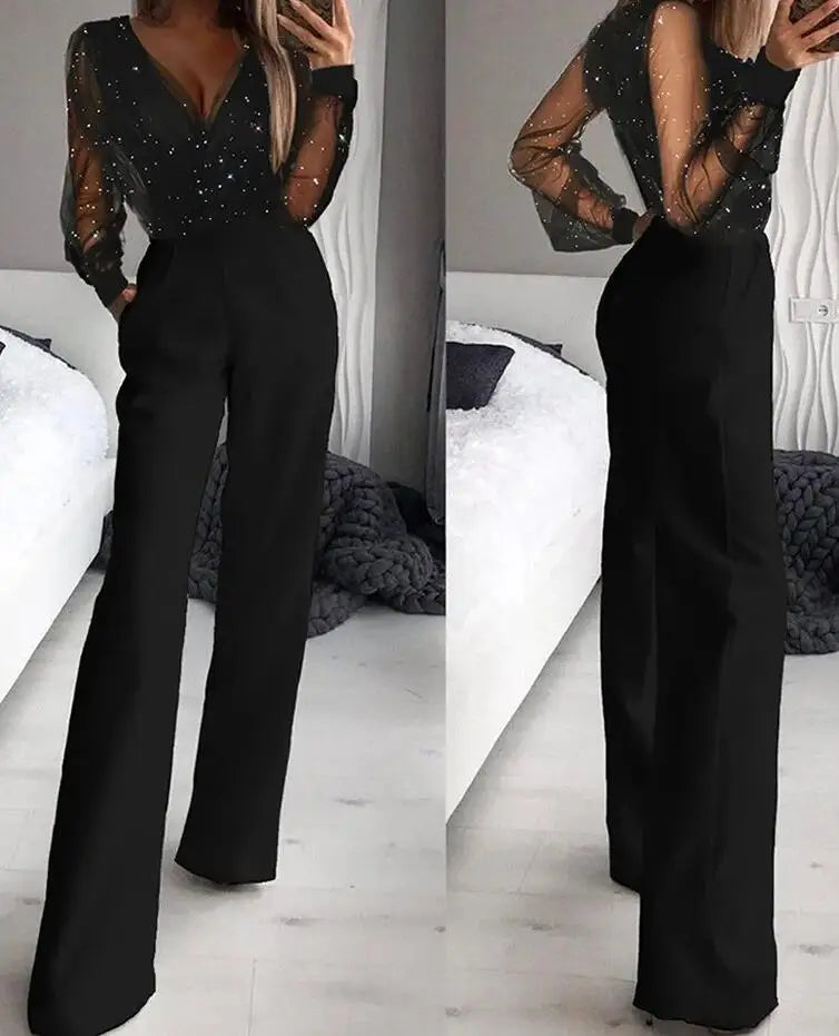 Black V-Neck Mesh Sequins Jumpsuit
