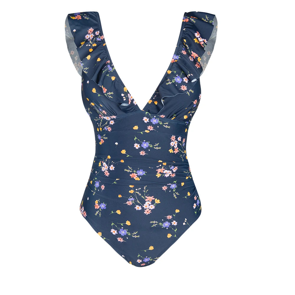 Ruffled V-neck Lace Up Monokini