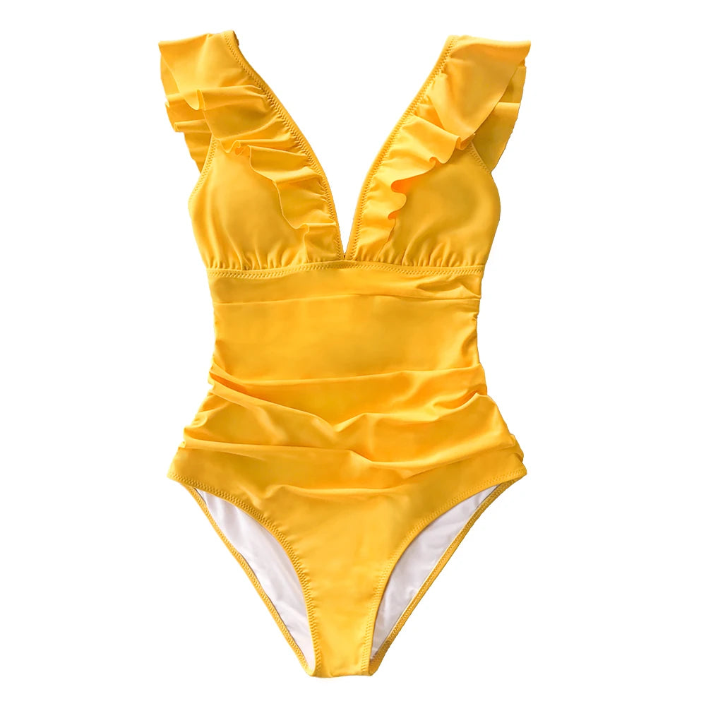 Ruffled V-neck Lace Up Monokini