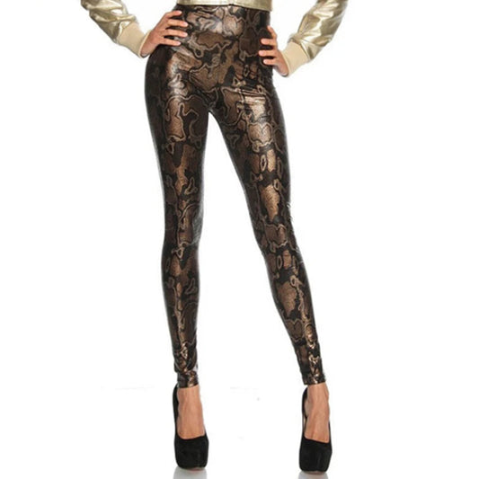 Casual Snake Print Leather Leggings