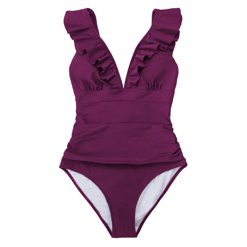 Ruffled V-neck Lace Up Monokini