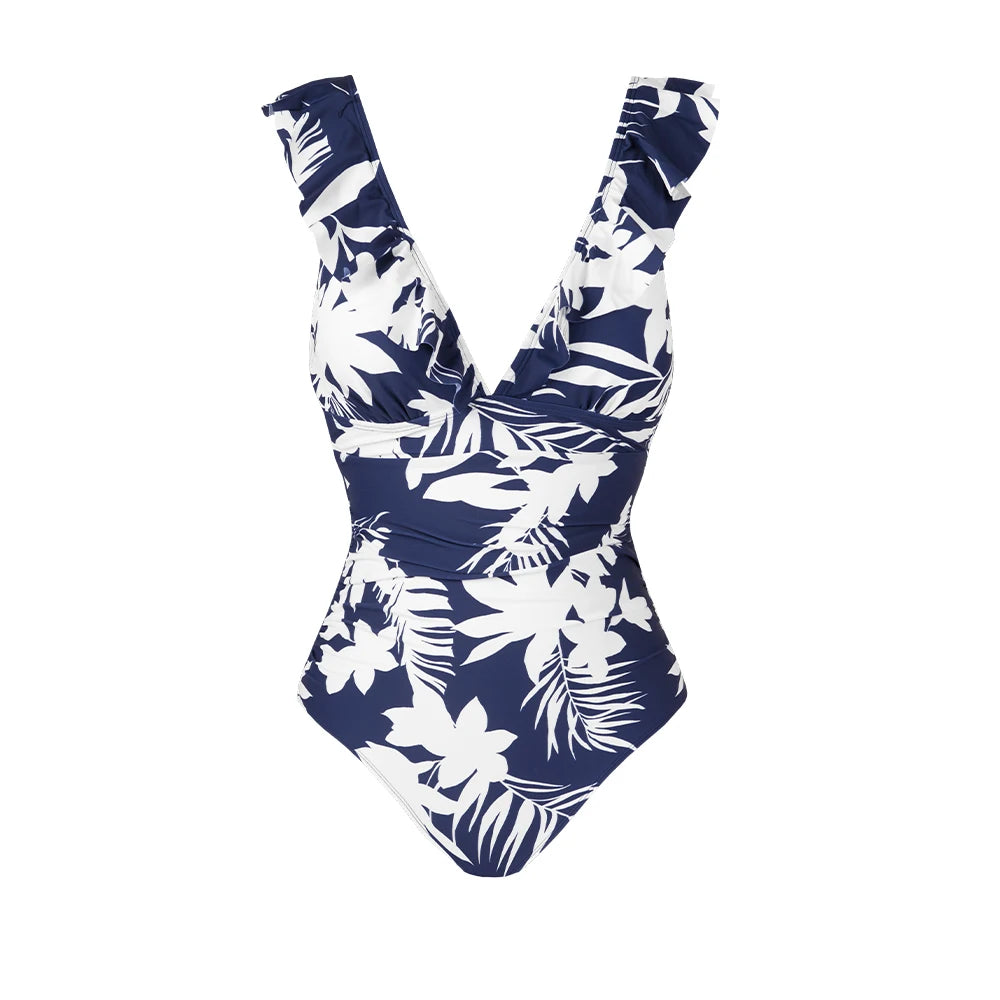 Ruffled V-neck Lace Up Monokini