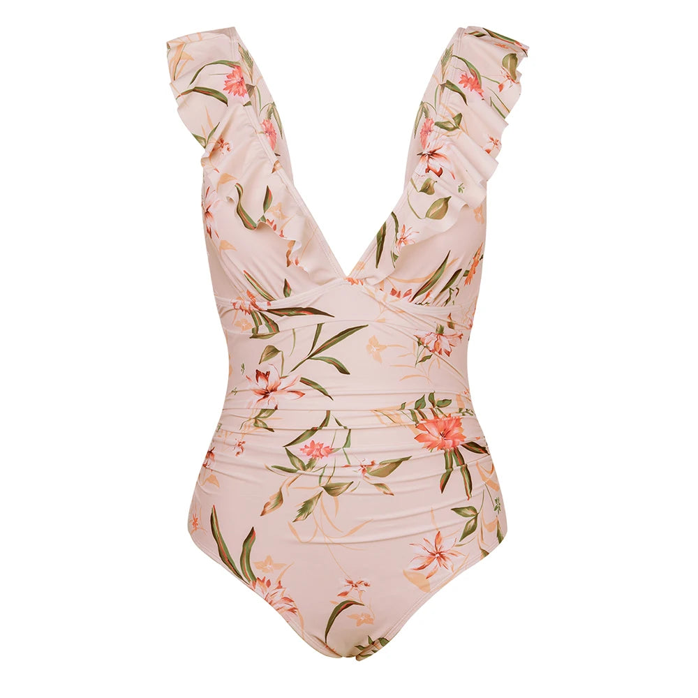 Ruffled V-neck Lace Up Monokini