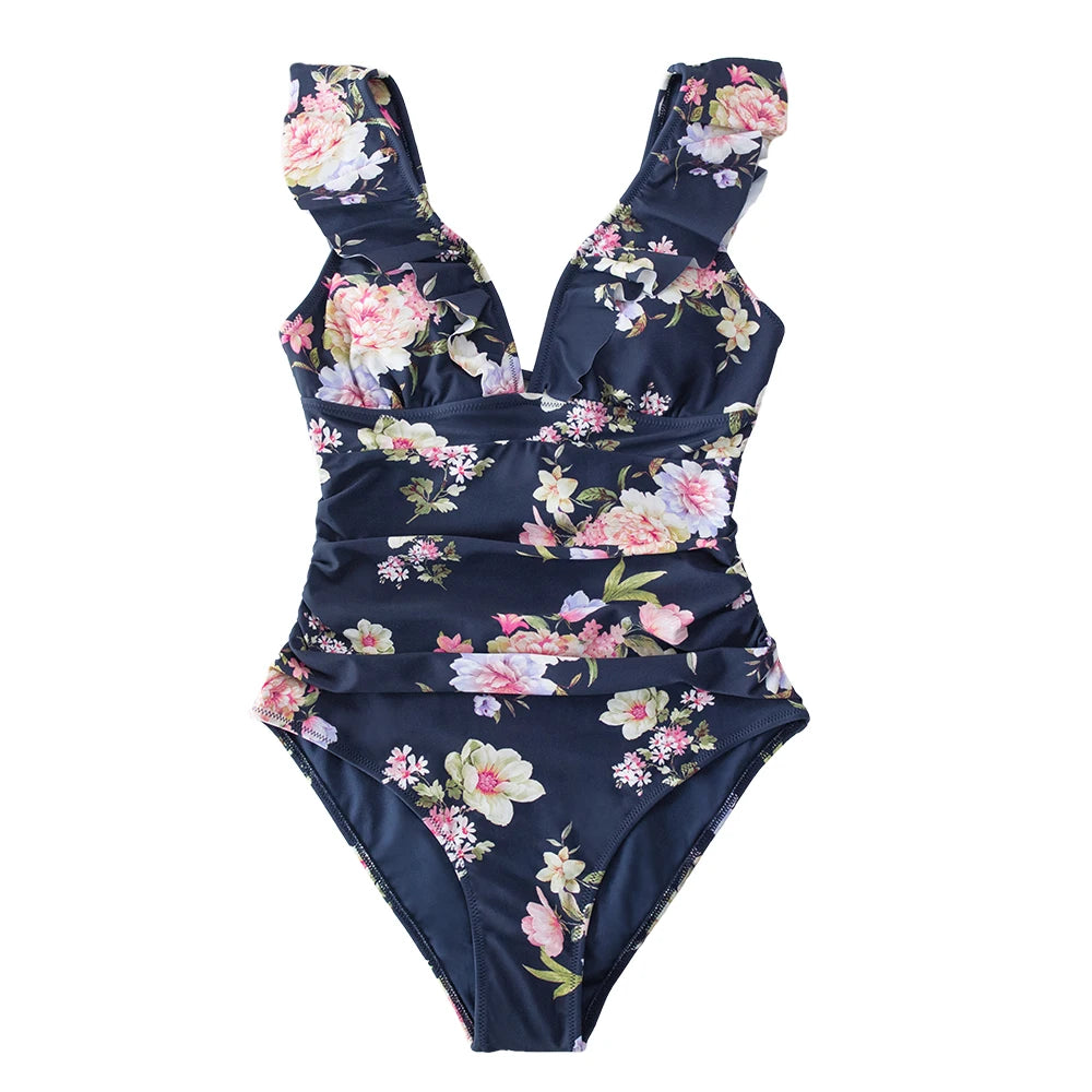 Ruffled V-neck Lace Up Monokini