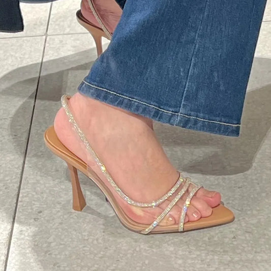 Glam Diamond Pointed Open Toe Heels